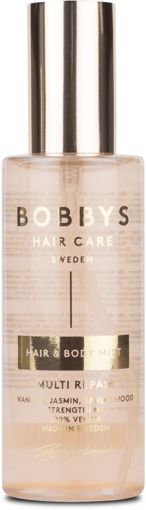 Eine klare Flasche mit metallicer Kappe, gekennzeichnet mit 'Bobby's Hair Care,' enthält Haarpflege mit Jasmin-Duft und Multi-Reparatur-Formel.