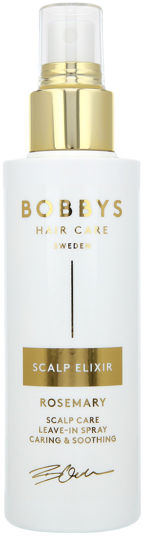 A white spray bottle labeled Bobbys Scalp Elixir Rosemary, with gold accents, for hair care, caring and soothing.