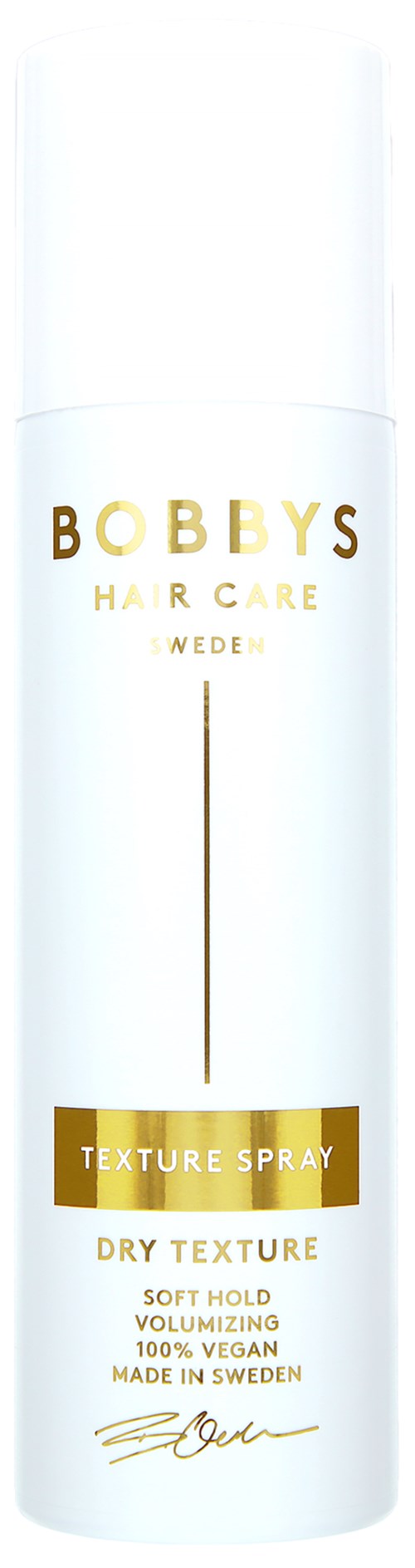 Lange witte fles met gouden en zwarte tekst voor Bobby's Hair Care textuurspray, belooft volume en droge textuur.