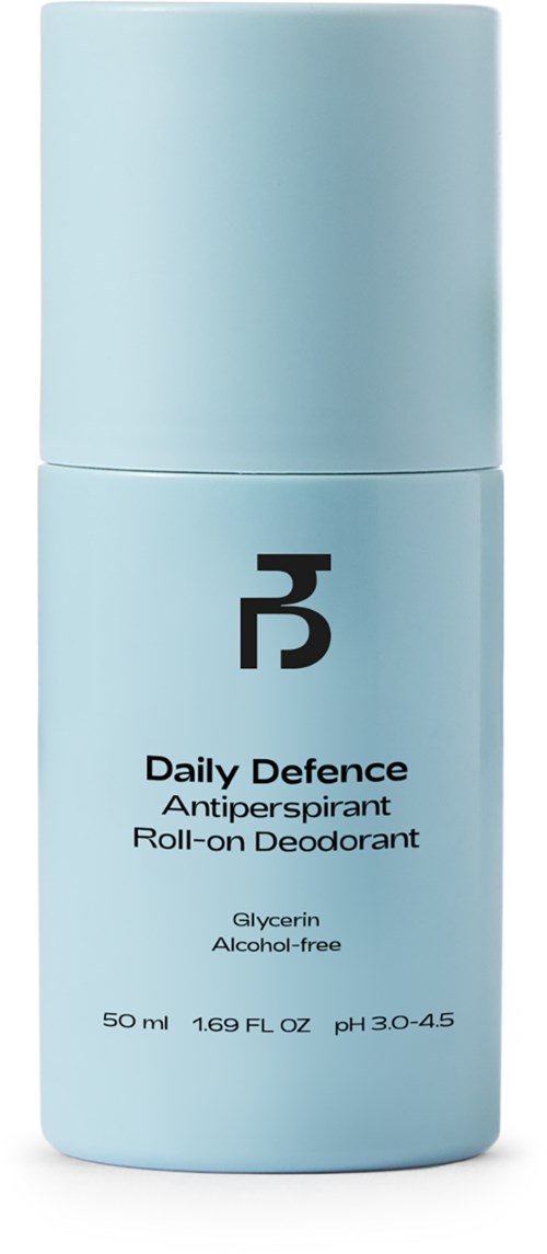 Eine hellblaue Roll-on-Deorobrand mit schwarzem Text und Logo, bezeichnet als daily defense, alkoholfrei, pH 3.0-4.5.