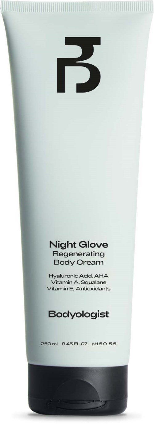 Eine weiße Tube mit Night Glove regenerierende Körpercreme mit schwarzem Etikett und Deckel, zeigt Produktdetails und Markenname.