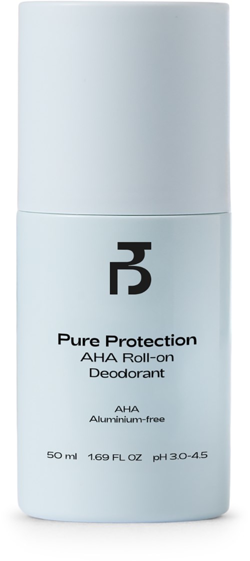 Ein weißer Roll-on-Deodorantbehälter mit schwarzem Text und Logo, gekennzeichnet für Schutz und Deodorant.