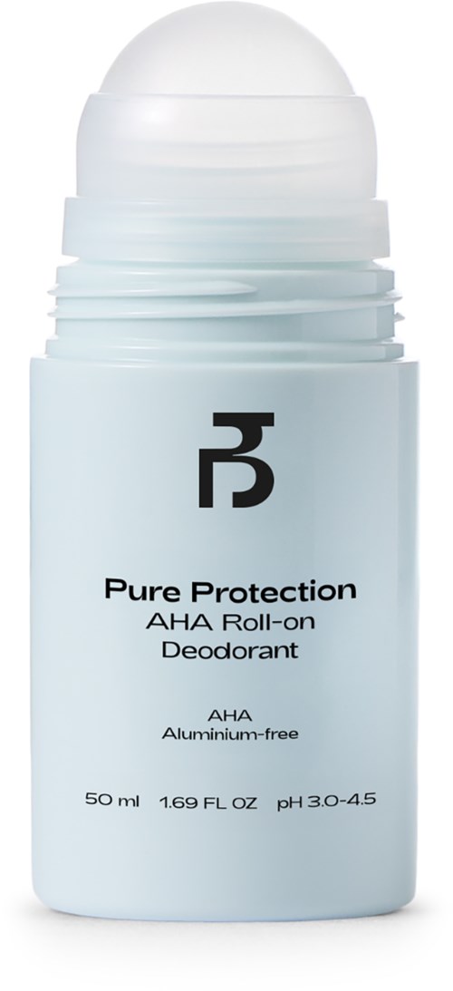 Eine weiße Roll-On-Deodorantflasche mit schwarzem Text und Logo, beschriftet "Pure Protection" und "AHA."