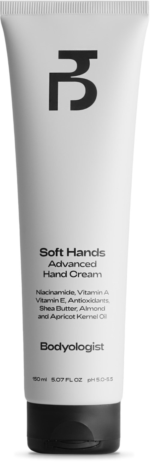 Eine weiße Tube Handcreme mit schwarzem und grauem Text, beschriftet "Soft Hands" und "Bodyologist."