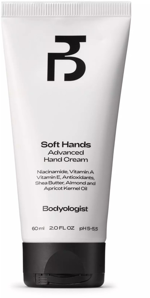 Eine weiße Tube Handcreme mit schwarzem Deckel, etiketti Bodyologist Soft Hands Advanced Hand Cream, mit Inhaltsstoffen.