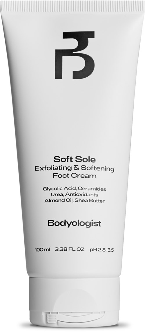 Fußcreme mit weicher Sohle, enthält Glykolsäure, Ceramide, Mandelöl, Sheabutter und Antioxidantien.