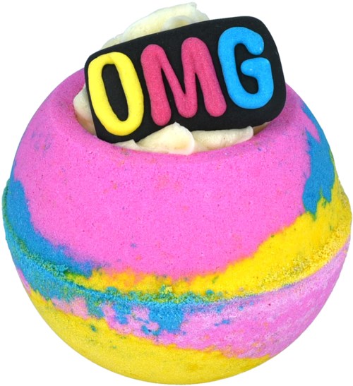 Bunte Badebombe mit 'OMG'-Aufkleber oben, pink, gelb und blau.