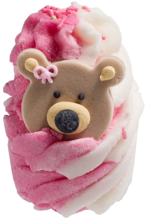 Een zachte ijslolly in roze en wit met een beer gezicht koekje bovenop.