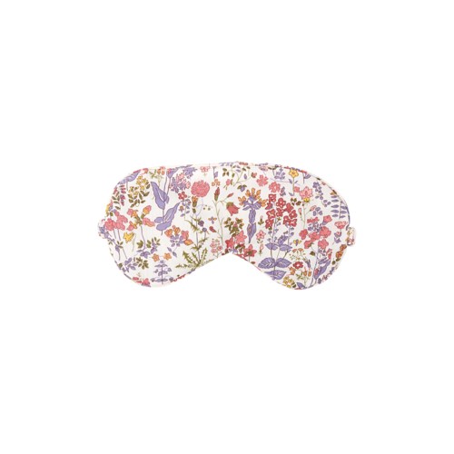 A fabric sleep mask with a floral print, featuring pink, purple, and green colors on a white background.