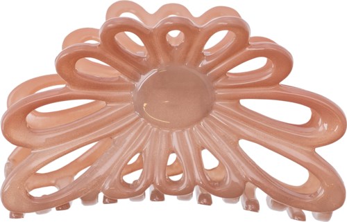 Pink hair clip in a flower shape with loops and a round center.