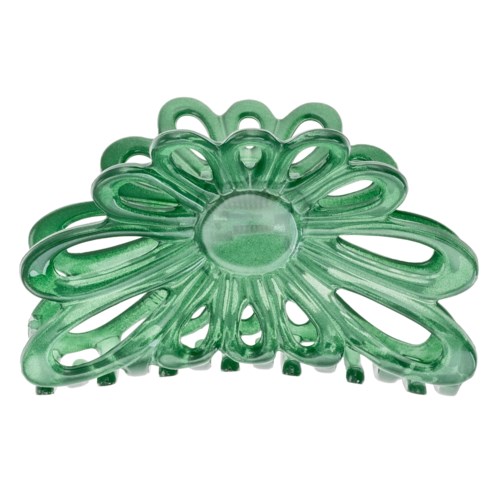A green plastic hair clip shaped like a flower with loops and a circular center.