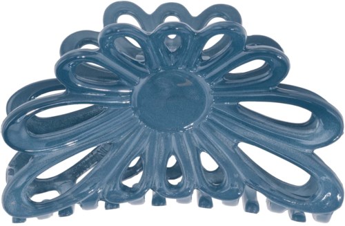 A blue hair clip shaped like a flower with open petals and a round center.