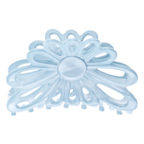 A light blue hair clip shaped like a flower with multiple loops and a central round part.