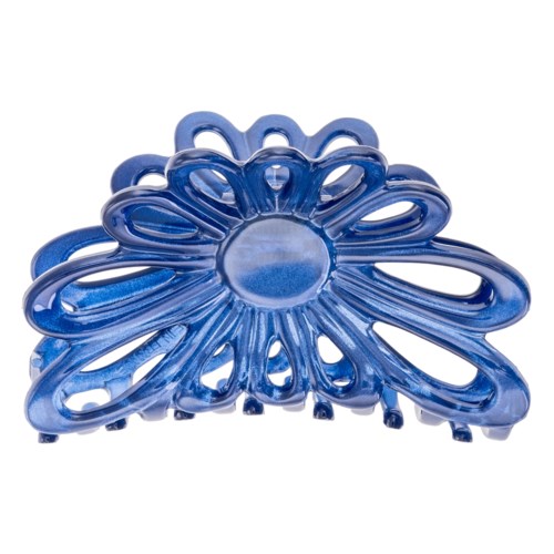 A blue plastic hair clip in the shape of a flower with large loops and a central circle.
