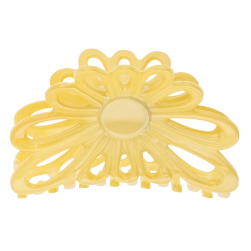 A yellow hair clip shaped like a flower with open petal loops.