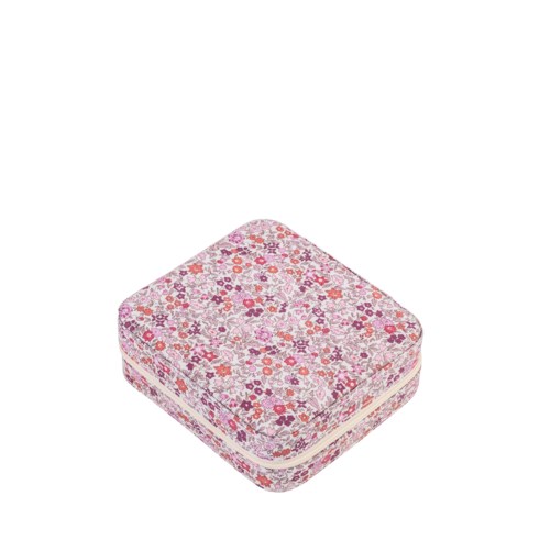 En liten, kvadratisk låda med rosa- och rödmålad blomsterdesign på ytan.