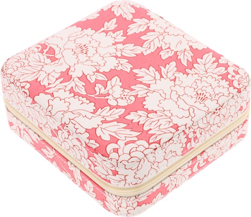 Ein rosa Blümchenmuster mit Stoff bezogenes Etui mit Reißverschluss, zum Aufbewahren kleiner Gegenstände.