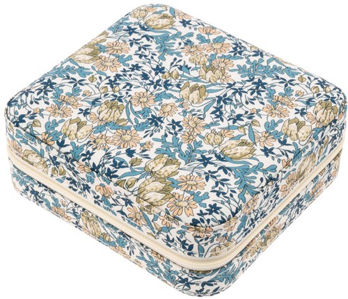 Blumengeprägtes Reißverschlusskissen mit Blau, Beige und Weiß.