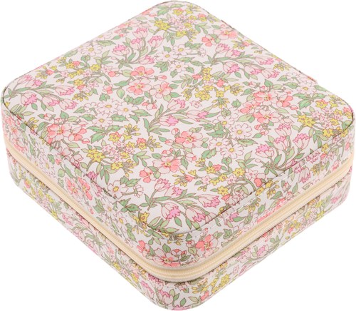 Kleine weiche Stoffdose mit Blumenmuster und Reißverschluss in Pastellfarben.