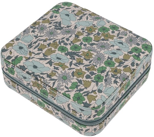 Ein Stoffbeutel mit Blumenmuster und Reißverschluss, dekoriert mit grünen, blauen und braunen Blumen und Blättern.