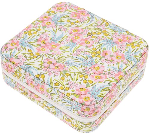 Ein blumiges Etui mit rosa, gelben und blauen Blumen und einem weißen Reißverschluss.