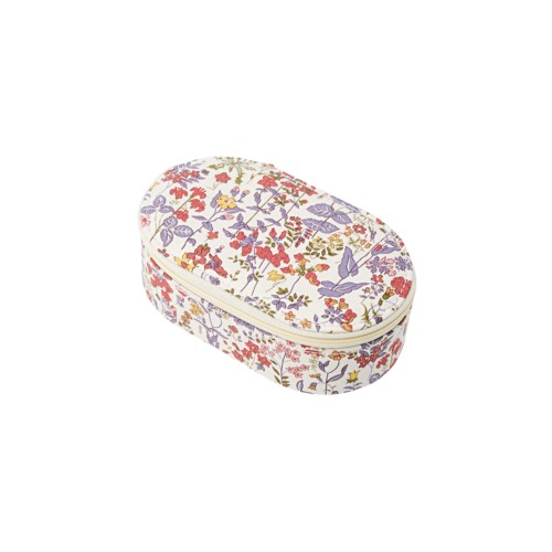 Oval cosmetic bag with colorful floral and bird pattern on a white background.