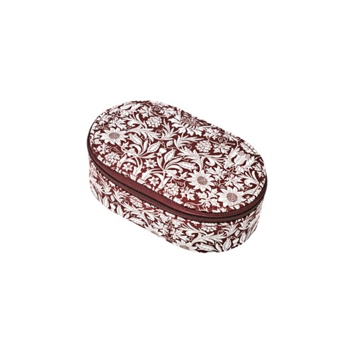 A floral patterned cosmetic bag with a zipper, decorated in red and white. 
