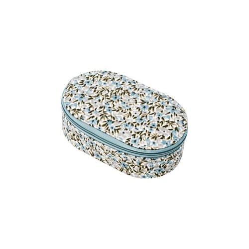 A floral patterned makeup or toiletry bag with a zipper. Oval shape and small blue, white, and beige flowers.