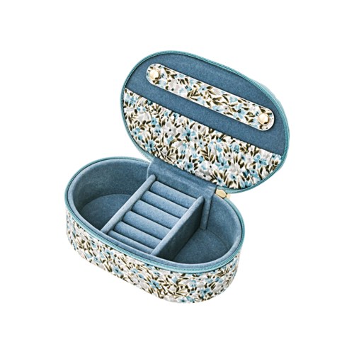 A floral-patterned jewelry box with a blue lining, divided into compartments, includes a ring holder and space for small items.