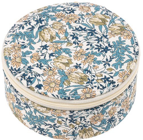 A round floral fabric bag with a zipper, decorated with blue, beige, and green plant patterns.