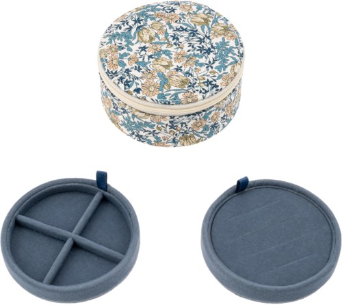 Round floral-patterned jewelry box with a removable section for storage. Two blue felt compartments inside.