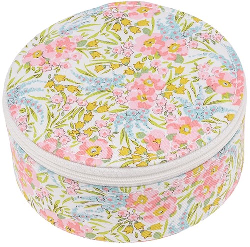 Round floral storage bag with pink, yellow, blue flowers and green leaves. Zipper around the edge.