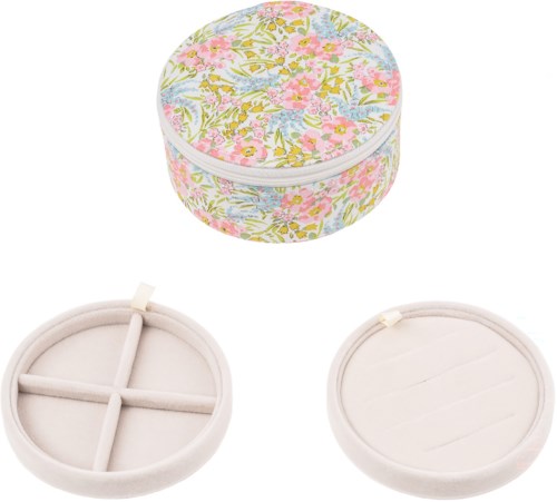 A floral patterned round jewelry box with a white interior. Includes compartments for organizing rings and earrings.