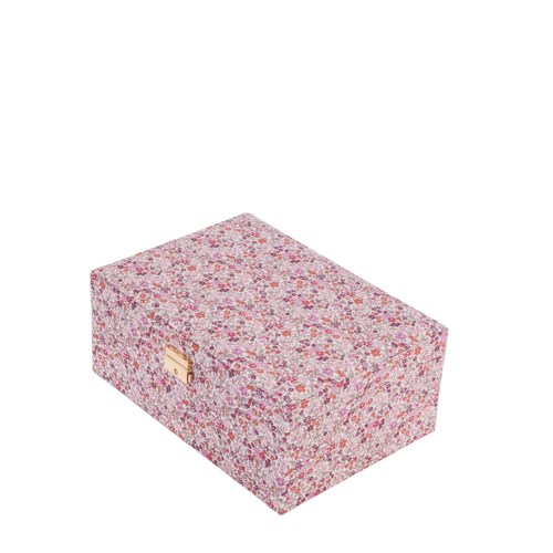 En rektangulär låda med rosa och röda små blommönster täcker ytan.