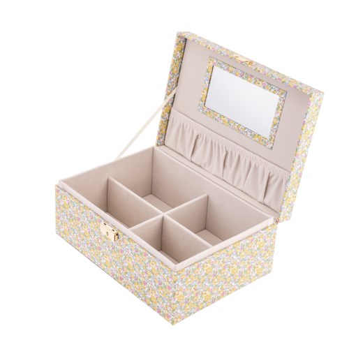 En färgglad smyckeslåda med blommönster, fack och spegel inuti locket.