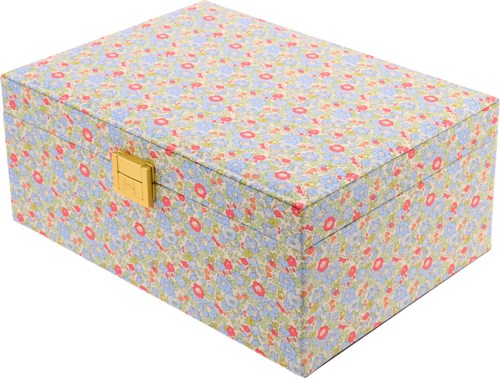 A box covered with colorful floral paper, has a small gold latch on the front.