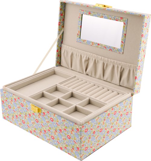 A floral jewelry box with a mirror inside, compartmentalized for storing rings and other jewelry items.