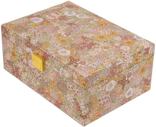 En låda med blommönster i rosa, gult och grönt, och ett gult lås på sidan.