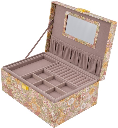 Ett smyckeskrin med flera fack, en spegel och en rosa, blommig design på utsidan och insidan av locket.