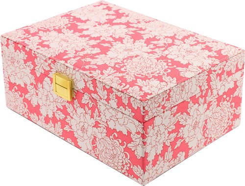 A floral pink and white storage box with a gold lock on the front.