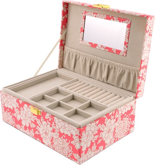 A pink floral jewelry box with sections for rings, necklaces, and a mirror on the inside of the lid.