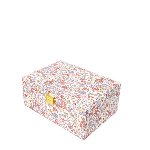 A rectangular box with a colorful floral pattern and a gold clasp on the front.