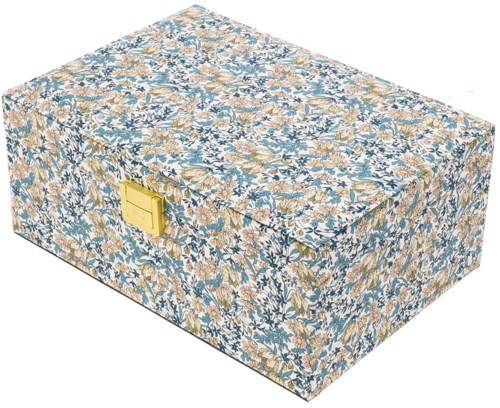 Decorative box with floral pattern and yellow latch on the side.