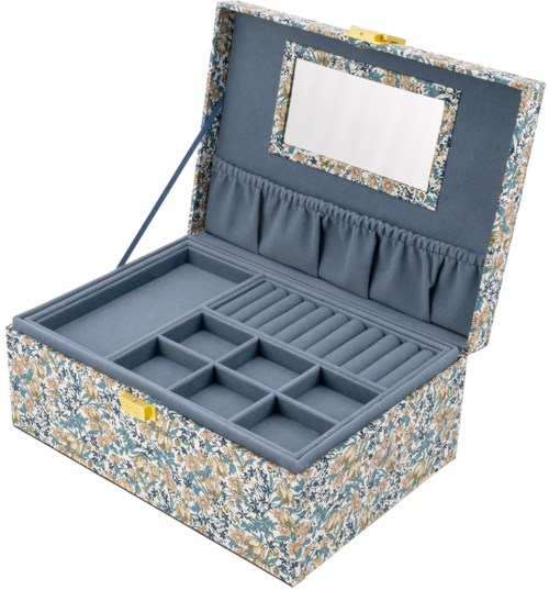 A decorative jewelry box with compartments and a mirror inside the lid.