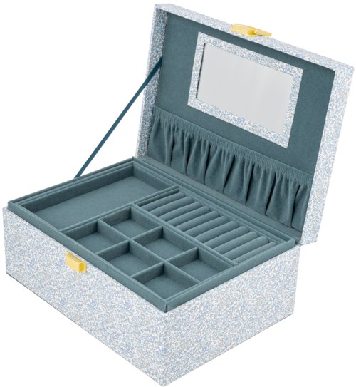 A sparkling, blue storage box with a mirror inside, compartments, and a soft lining for jewelry.