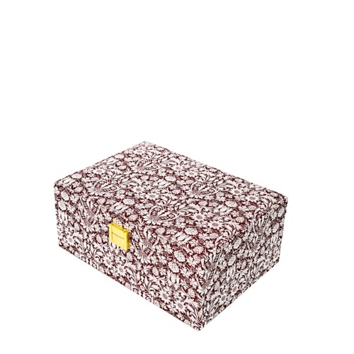 A rectangular box covered with floral patterned paper, with a small yellow square on one side.