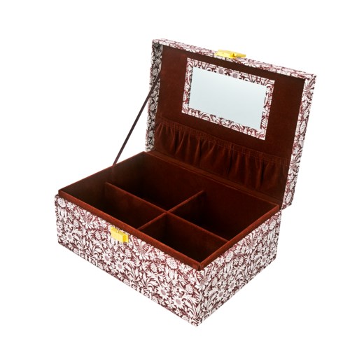 A decorative jewelry box with lid open, showing four compartments inside, lined with red velvet and a mirror inside the lid.