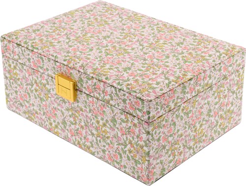 A rectangular box with floral pattern and a yellow clasp on the front.