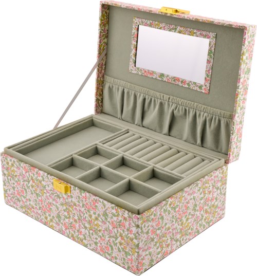 A floral-patterned jewelry box with various compartments and a mirror inside the lid.