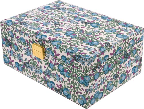 A box covered in a colorful floral pattern with a small gold latch on the side.